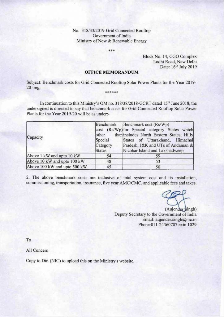 MNRE Benchmark costs for Grid Connected Rooftop Solar Power Plants for the Year 2019- 20